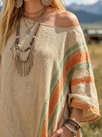 Women's Off Shoulder Diagonal Stripe Side Slit Loose Linen Maxi Kaftan Dress
