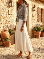Women Solid Linen Tie Front Collar Shirt & Irregular Patch Maxi Skirt 2 Piece Set