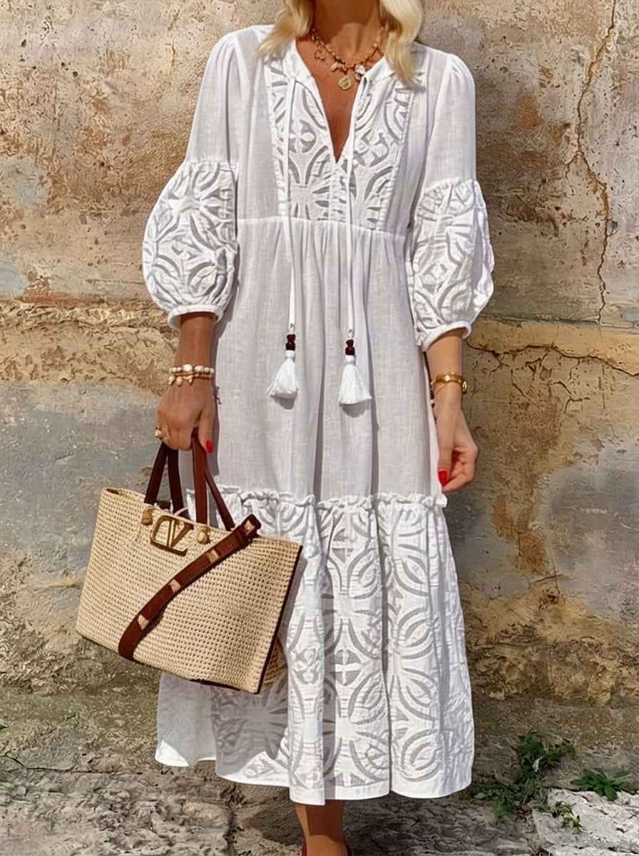 Women’s Tassel Tie V Neck Eyelet Embroidery Puff Sleeve Midi Dress