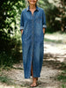 Women's Oversized Roll Sleeve Denim Shirt Maxi Dress, Button Front Long Dress with Side Pockets