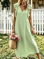 Women's Solid V-Neck Flutter Ruffle Sleeve Loose Linen Midi Dress