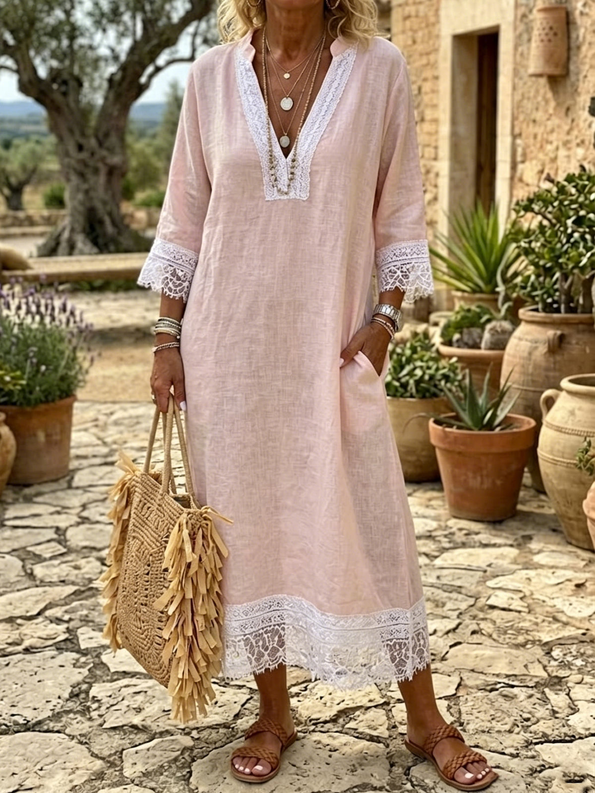 Romantic Lace Trim V Neck Tie Waist Linen Midi Dress With Pockets