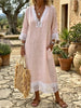 Romantic Lace Trim V Neck Tie Waist Linen Midi Dress With Pockets