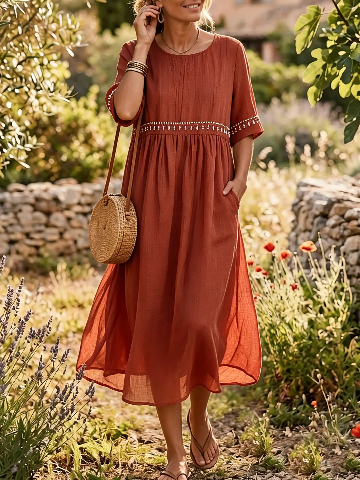 Women's Solid Beaded Trim Gathered Short Sleeve Boho Midi Dress