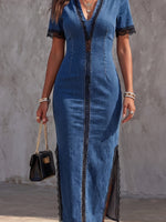 Vintage Art Comfortable Fabrics Hollowed Out Lace Patchwork Denim Dress
