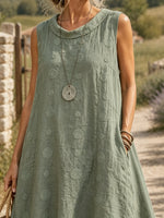 Women's 2-Piece Set: Round-Neck Textured Jacquard Sleeveless Top + Cuffed Cotton-Linen Pants