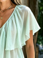 Women Solid Double Ruffle V-Neck Flowy Chiffon Blouse