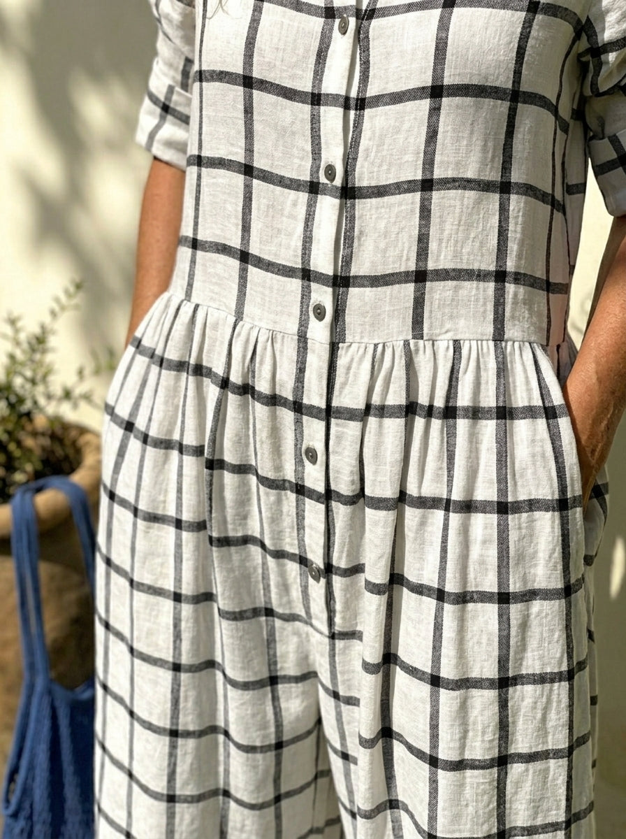 Womens Plaid Button Down Cotton Linen Wide Leg Jumpsuit With Pockets