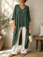 Women Solid Textured V-Neck Split Long Tunic