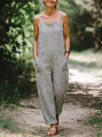 Womens Striped Linen Spaghetti Strap Jumpsuit, Loose Cuffed Ankle Overalls with Side Pockets