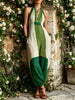 Womens Color Block Halter V Neck Linen Jumpsuit With Pockets