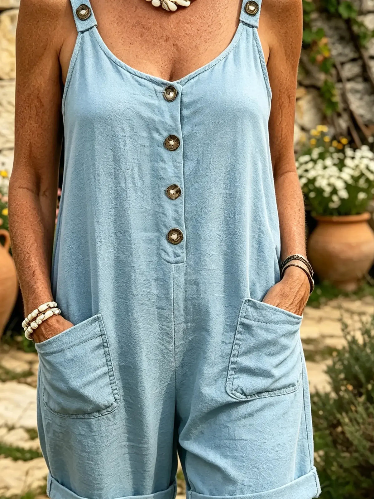 Women's Solid Strap Button Big Pocket Cuffed Sleeveless Linen Overalls Jumpsuit