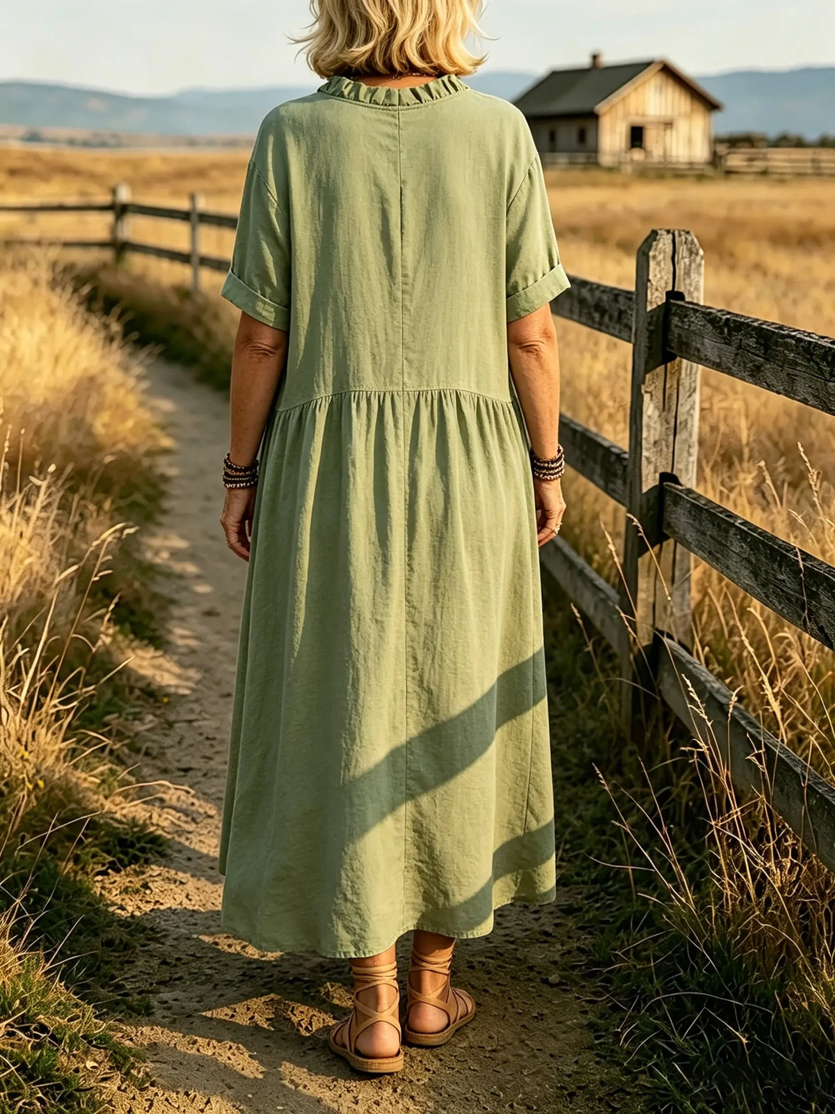 Women's Solid Ruffle Front V-Neck Cuff Short Sleeve Loose Linen Maxi Dress