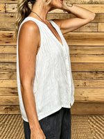 Women Solid Textured V-Neck Button Down Linen Sleeveless Vest