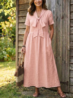 Women’s V Neck Bow Front Linen Midi Dress With Pockets