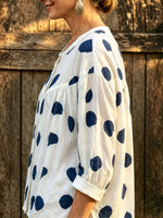 Women’s Navy Polka Dot Round Neck Linen Blouse, Gathered 3/4 Sleeve Button Down Shirt