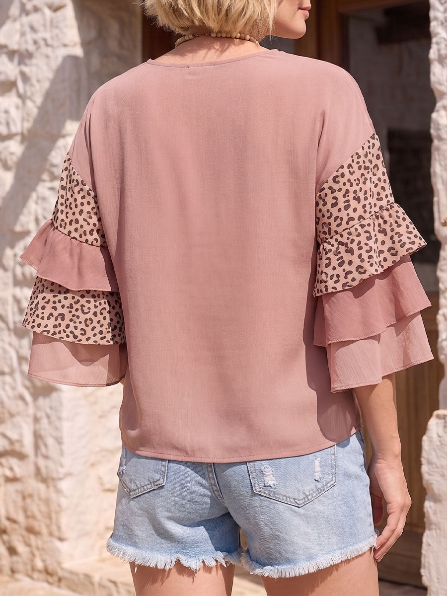 Vintage Art Comfortable Summer Fabrics Chiffon Patchwork Leopard Shirt