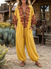 Boho Ethnic Print Tie Front Wide Leg Jogger Jumpsuit