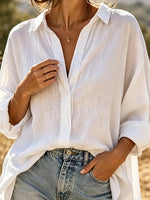 Women's Solid Textured Oversized Collar Long Sleeve Linen Casual Shirt