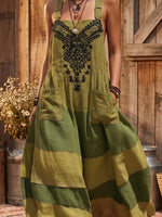 Vintage Art Comfortable Summer Fabrics Sleeveless Patchwork Cotton Linen Pattern Print Jumpsuit