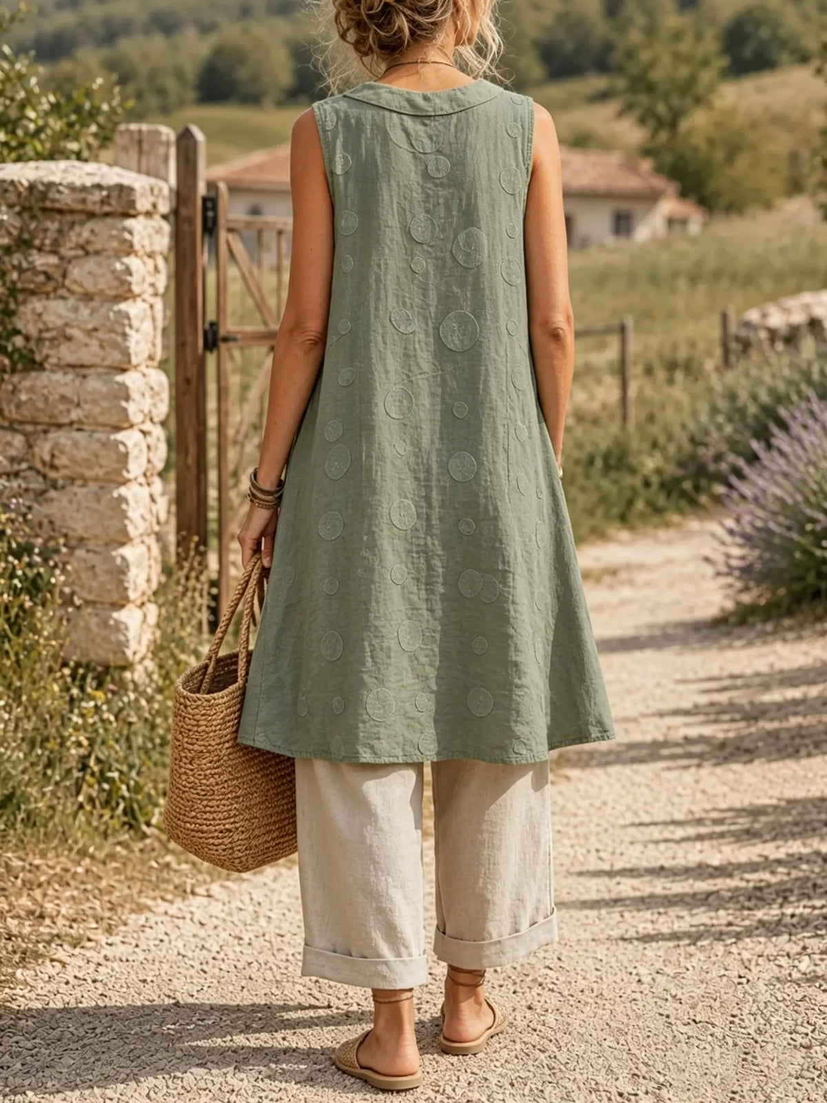 Women's 2-Piece Set: Round-Neck Textured Jacquard Sleeveless Top + Cuffed Cotton-Linen Pants