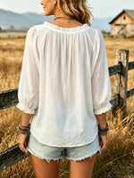Women's Solid Ruffle Lace-Up V-Neck Puff 3/4 Sleeve Casual Top