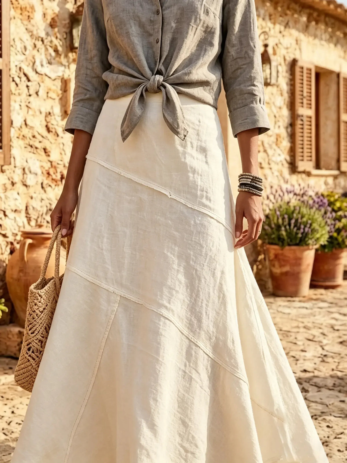 Women Solid Linen Tie Front Collar Shirt & Irregular Patch Maxi Skirt 2 Piece Set