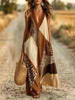 Women's Leopard Patchwork Colorblock V-Neck Maxi Dress