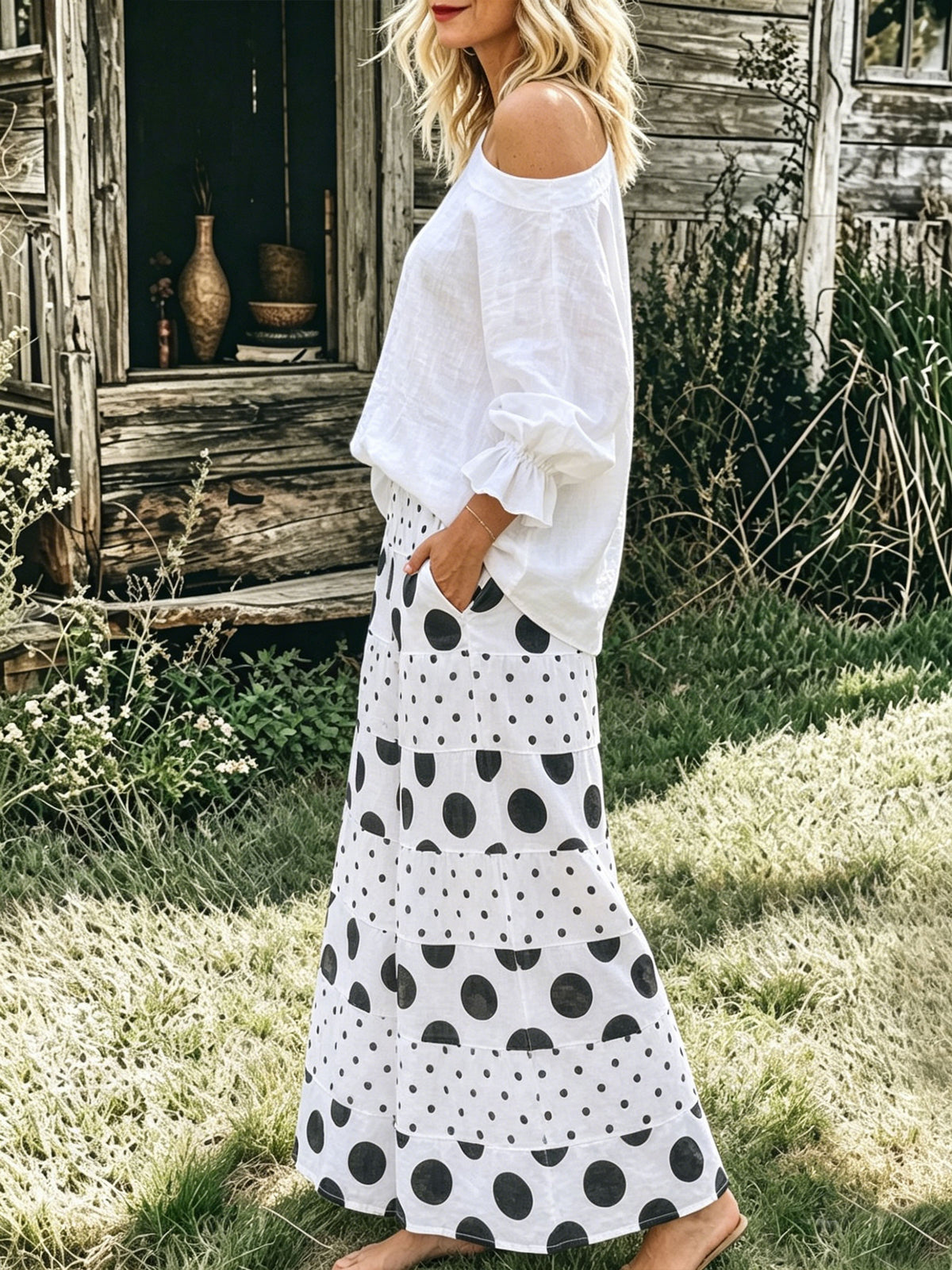 Womens Cotton Linen Off Shoulder Ruffle Sleeve Top Polka Dot Wide Leg Pants Two Piece Se