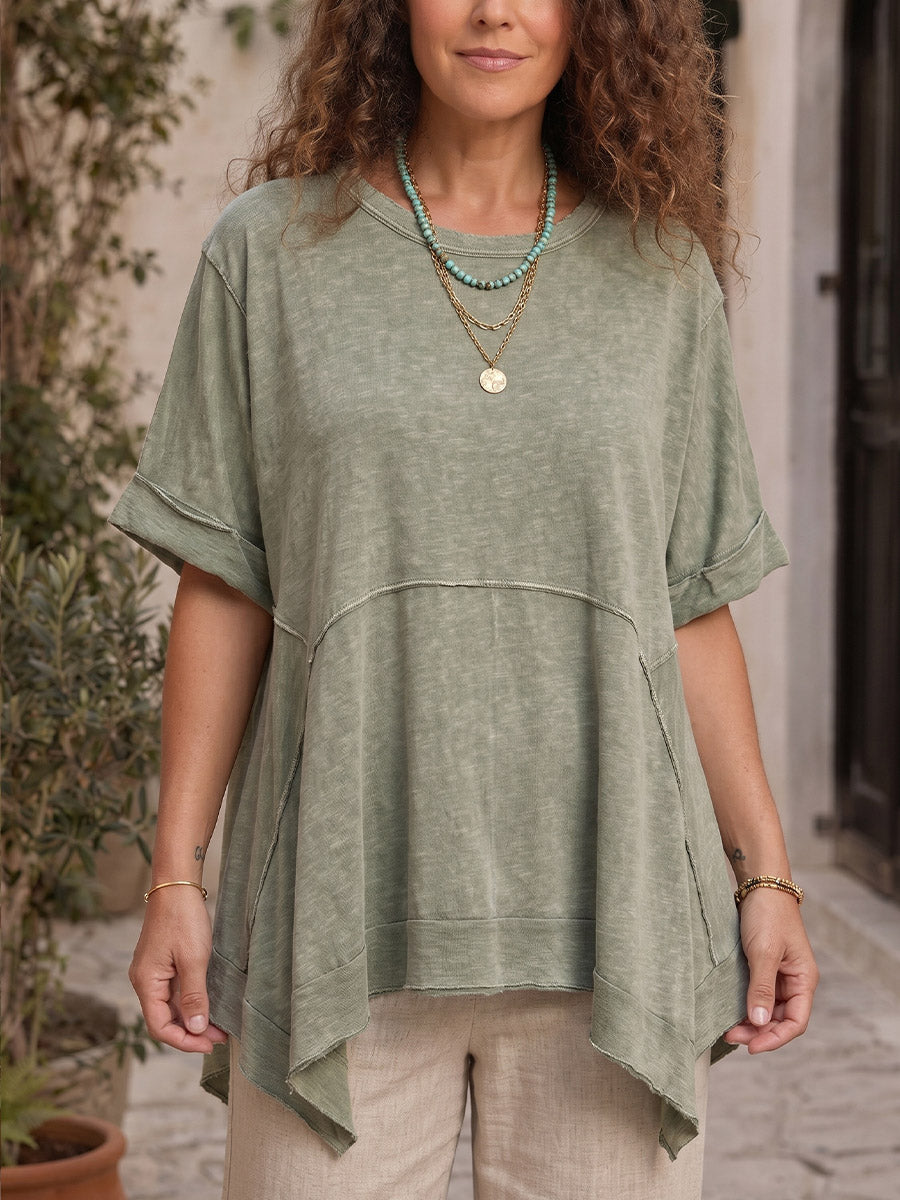 Vintage Art Comfortable Summer Fabrics Asymmetrical Cotton-Linen Blend Shirt