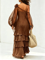 Women's Lantern Sleeve Top & Tiered Ruffle Leopard Dress Set