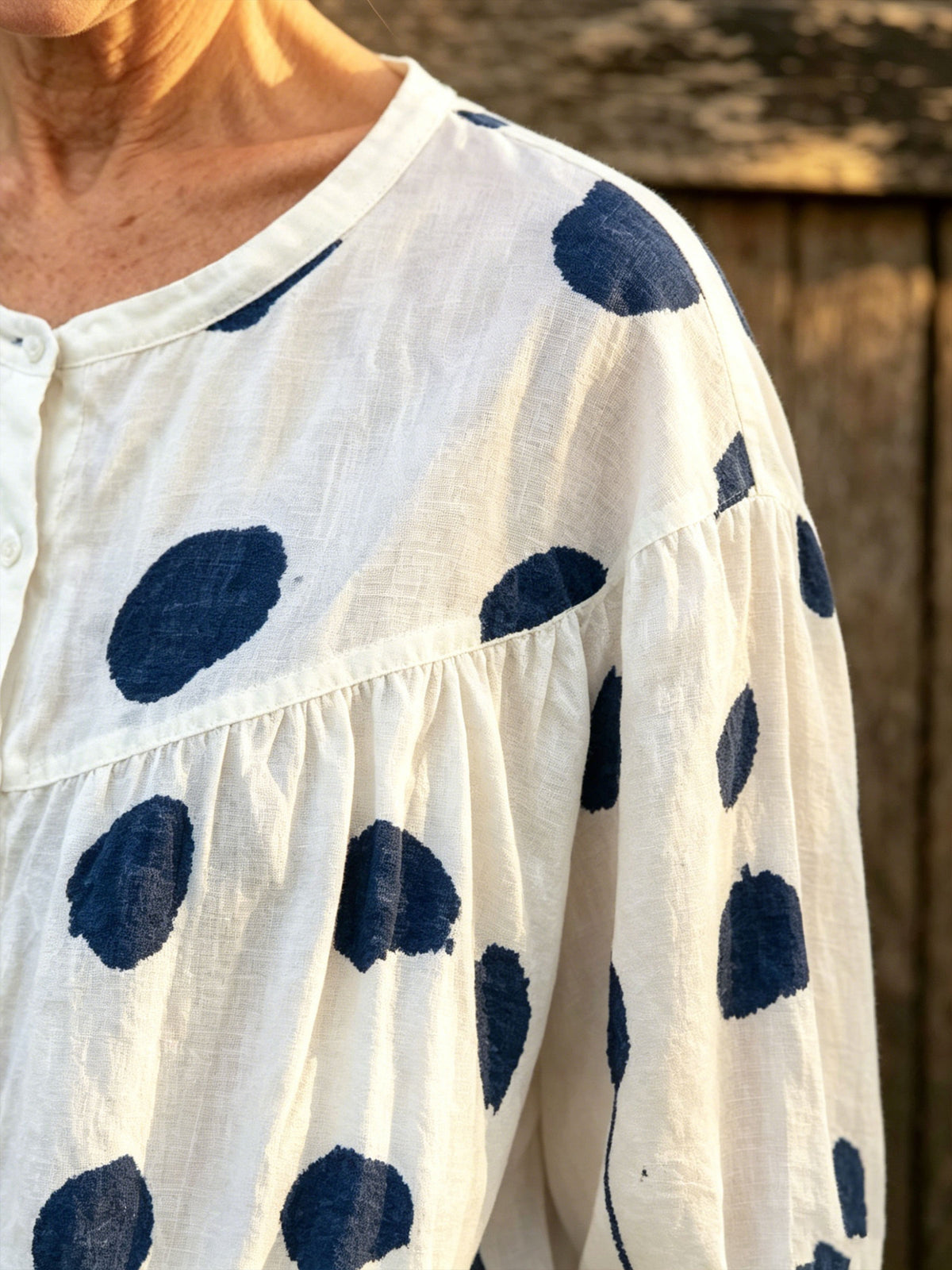 Women’s Navy Polka Dot Round Neck Linen Blouse, Gathered 3/4 Sleeve Button Down Shirt