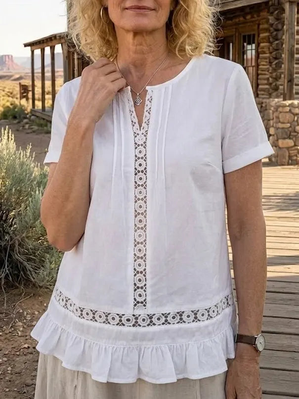 Women's Solid Lace Ruffle Hem Short Sleeve Linen Top