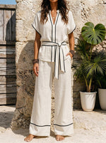 Womens Contrast Piping Belted Linen Top & Wide Leg Pants 2 Piece Set