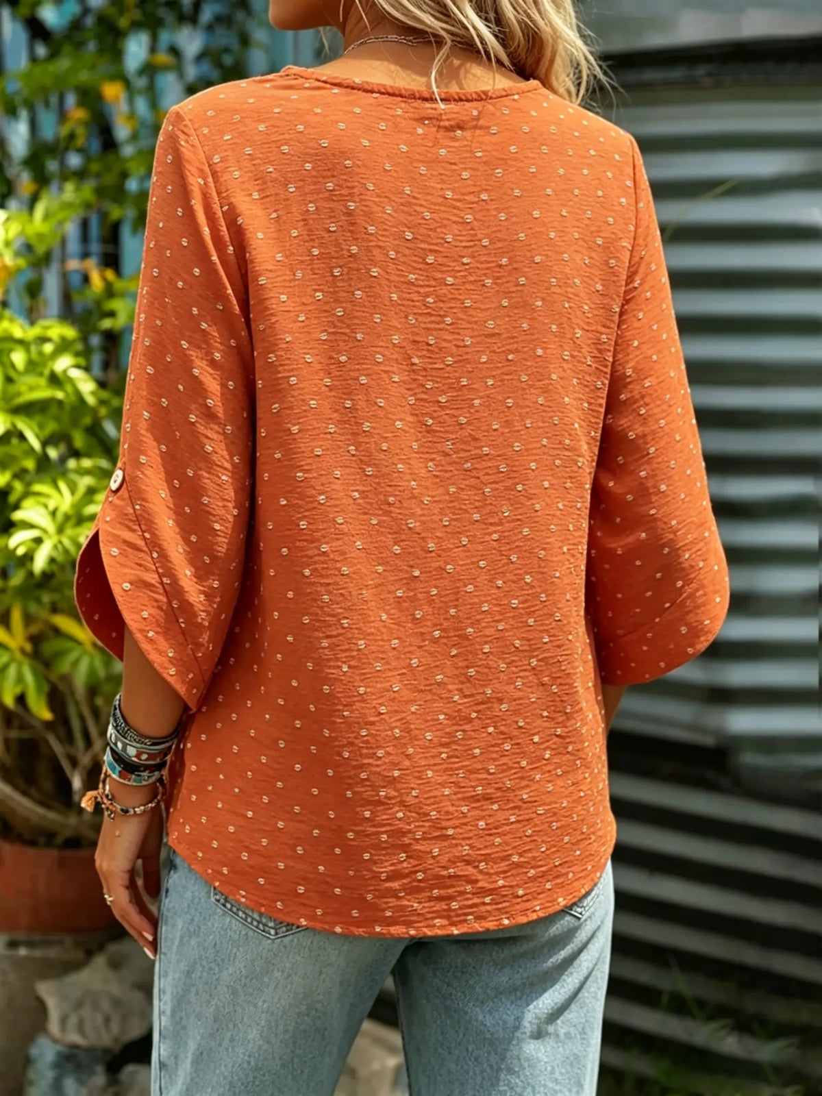Women Mini Dot 3/4 Cuffed Sleeve Casual Blouse
