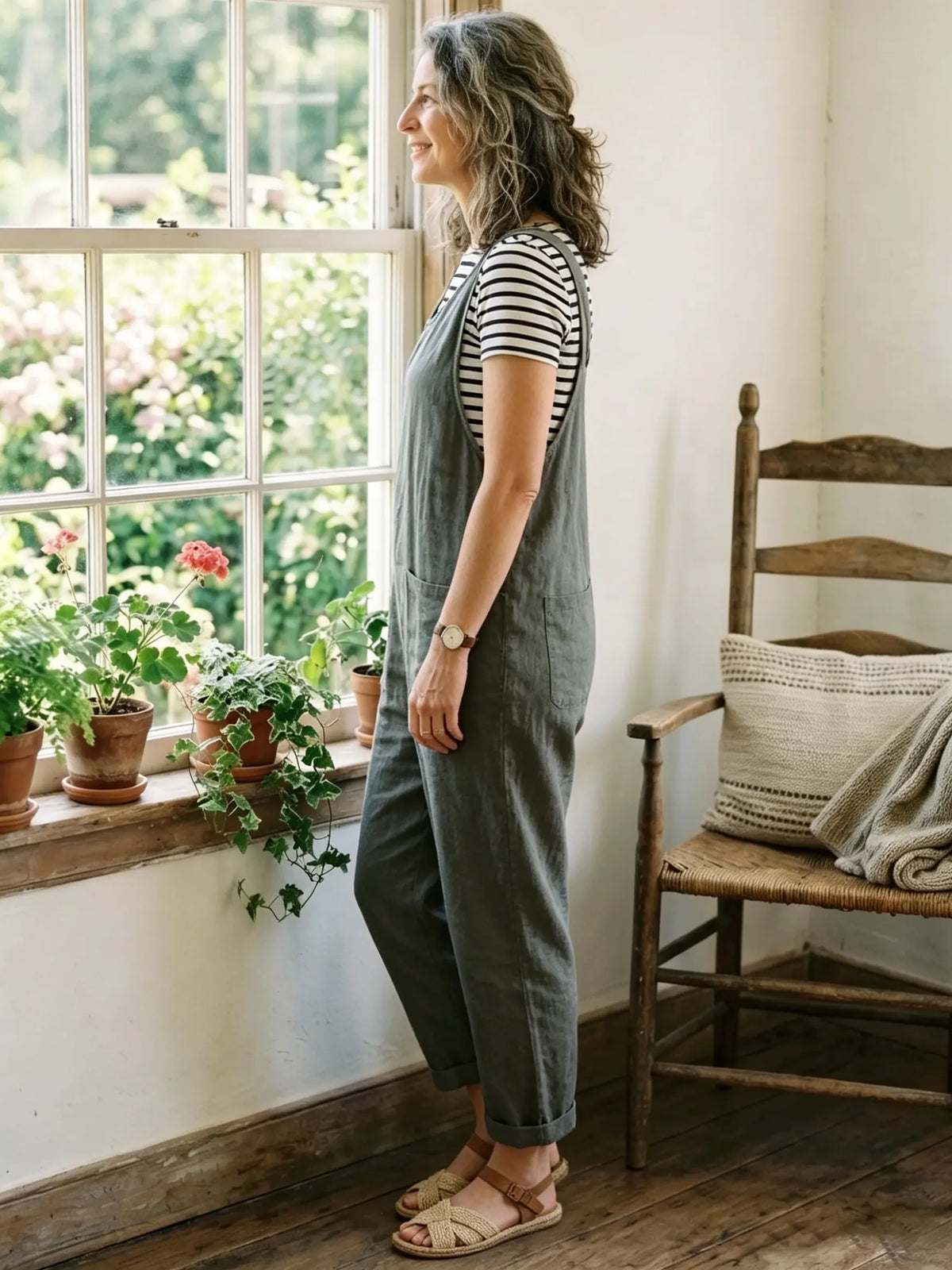Women's Solid Sleeveless Big Pocket Cuffed Linen Overalls Jumpsuit
