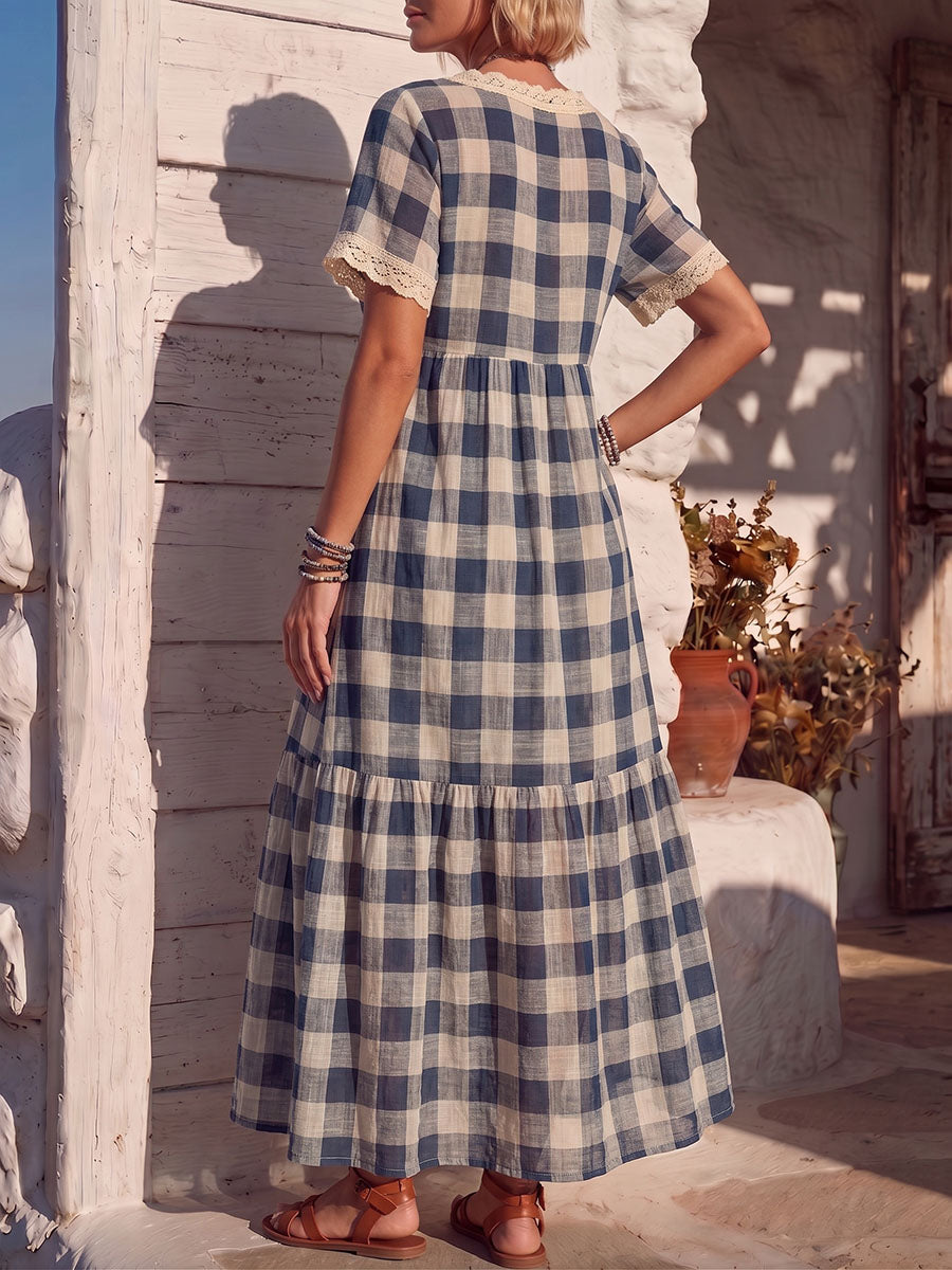 Vintage Art Comfortable Summer Fabrics Cotton Linen Contrasting Plaid Dress
