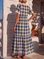 Vintage Art Comfortable Summer Fabrics Cotton Linen Contrasting Plaid Dress