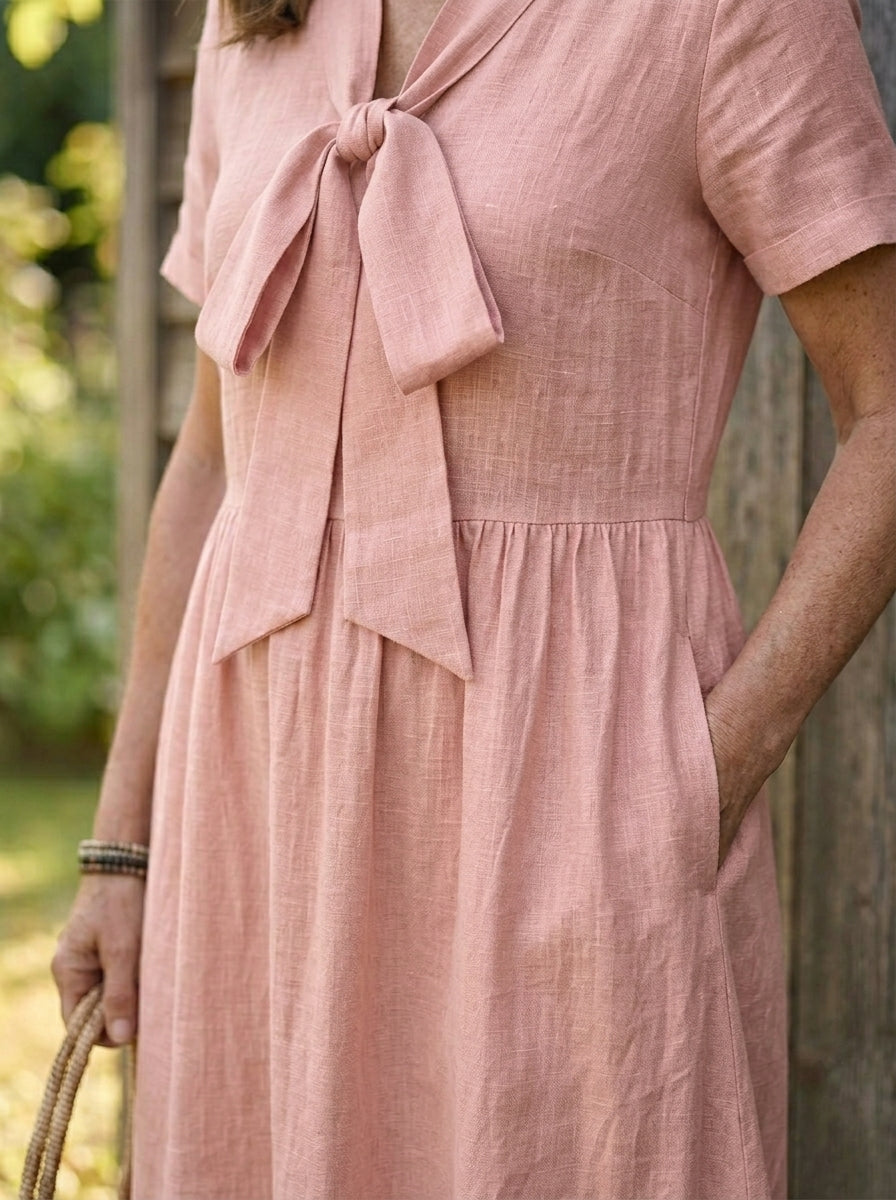 Women’s V Neck Bow Front Linen Midi Dress With Pockets