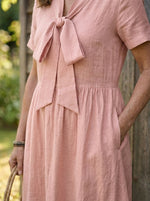 Women’s V Neck Bow Front Linen Midi Dress With Pockets