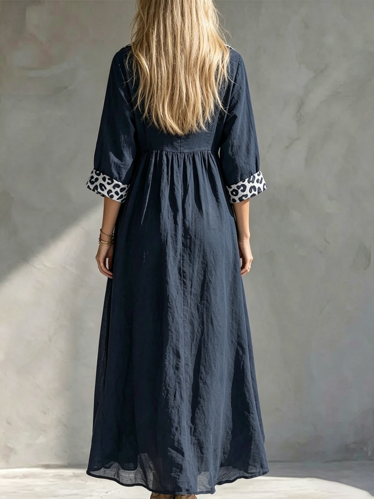 Retro-resort Style Linen Maxi Dress: V-neck, Button-front, High-waisted With Pleats, Featuring Leopard-print Panels On The Collar And Cuffs; Flattering Fit