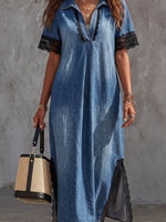 Vintage Art Comfortable Fabrics Hollowed Out Lace Patchwork Denim Dress