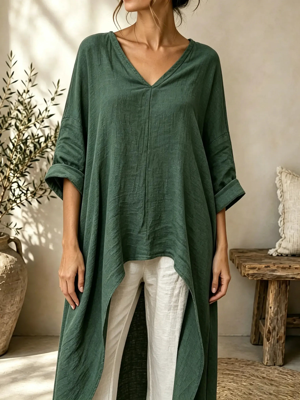 Women Solid Textured V-Neck Split Long Tunic