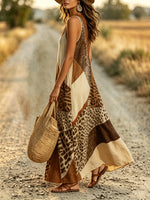Women's Leopard Patchwork Colorblock V-Neck Maxi Dress