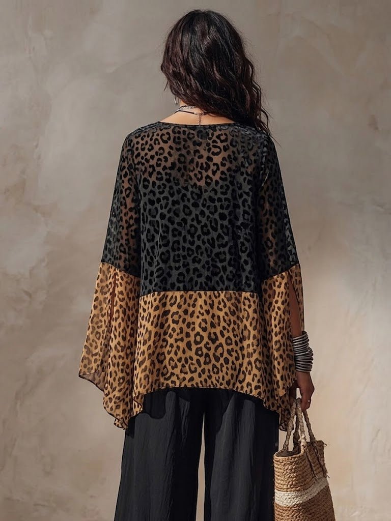 Loose And Comfortable Chiffon Top With Leopard Print Paneling