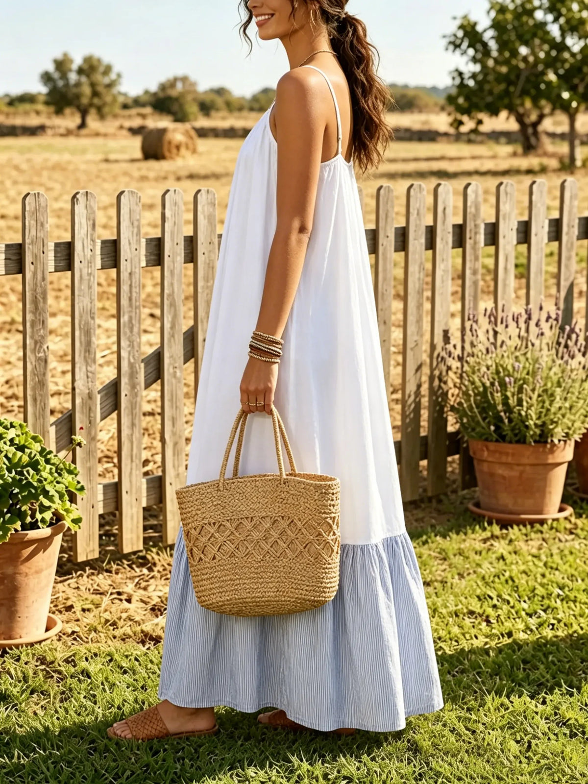 Women Solid Base Thin Vertical Stripe Patch Tiered Slip Maxi Dress