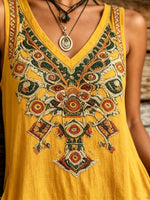Women's Boho Embroidered Harem Jumpsuit – Sleeveless V-neck Loose Fit Cotton Linen Romper With Pockets