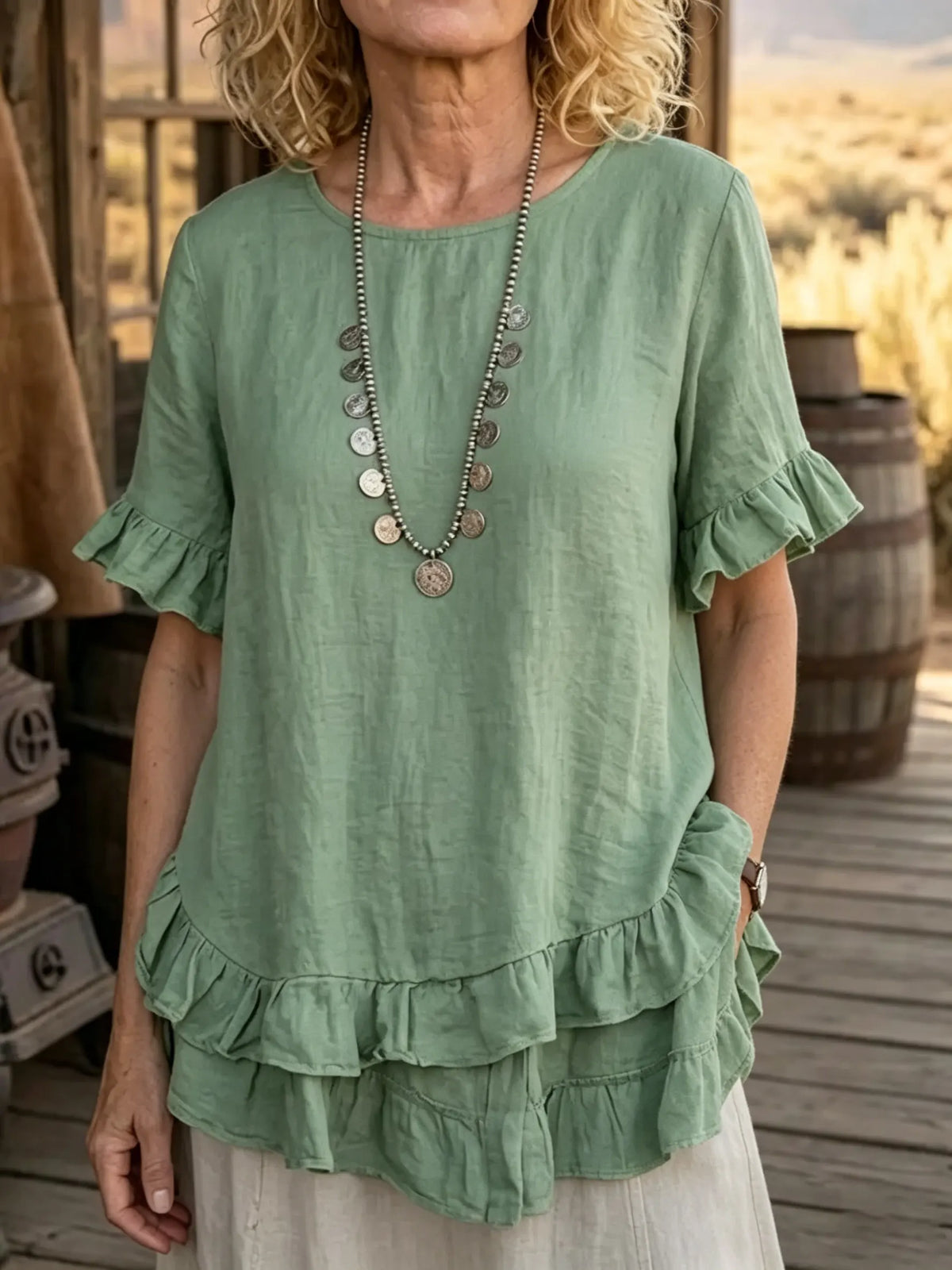 Women's Solid Linen Blend Ruffle Hem Short Sleeve Casual Blouse