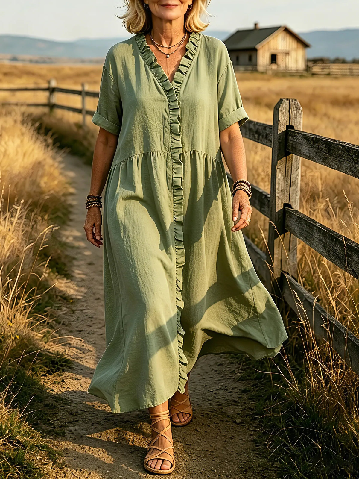 Women's Solid Ruffle Front V-Neck Cuff Short Sleeve Loose Linen Maxi Dress