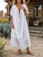 Women's Solid Lace Panel Split Neck Linen Poctket Dress